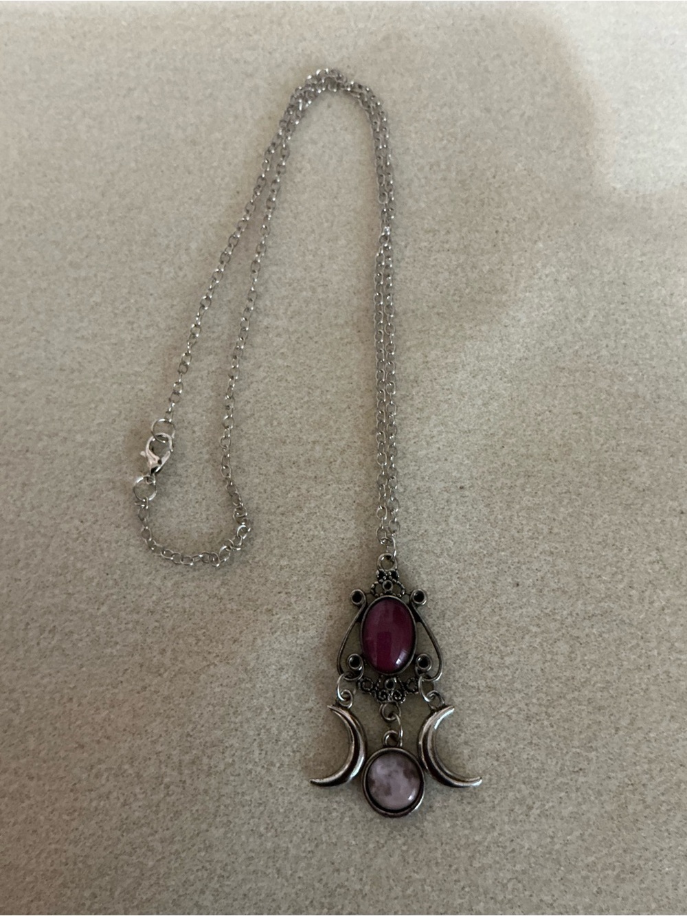 Silver-Tone Moon Triple Drop Pendant Necklace with Pink Stones